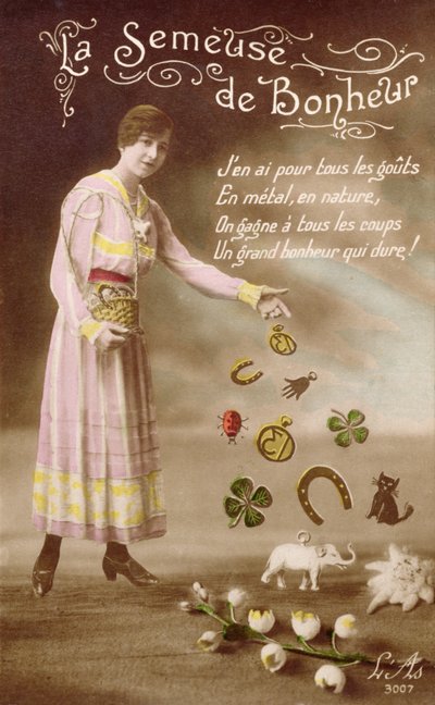 French postcard depicting La Semeuse de Bonheur (The Sower of Good Luck), 29th March 1914 by French School