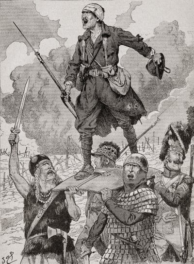 French Propaganda Poster Entitled "On Les Aura", or We Will Have Them. Four Soldiers from Different Historical Periods Carry a Wounded but Defiant World War One Soldier on a Shield. From Agenda Buvard du Bon Marche Published 1917 by French School