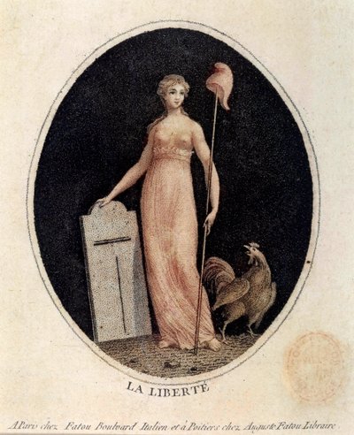 French Revolution: Allegory of Freedom Under the Traits of a Woman, Carrying a Phrygian Cap on a Spear, with a Rooster at Her Feet. Print from the End of the 18th Century, Paris, Musee Carnavalet by French School