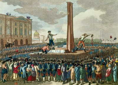 French revolution: execution in the guillotine of King Louis XVI, the executioner presents his cut head by French School