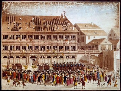 French revolution: looting of Strasbourg City Hall on 20/07/1789. Anonymous print. Paris, B.N. by French School