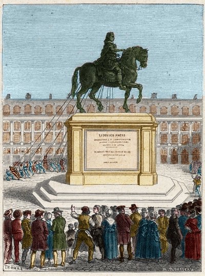French Revolution: overthrow of the statue of King Louis XIV (1643-1715), Place Vendome in Paris by French School