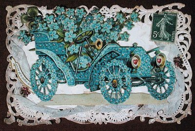 Friendship greeting card depicting a car covered in flowers, early 20th century by French School