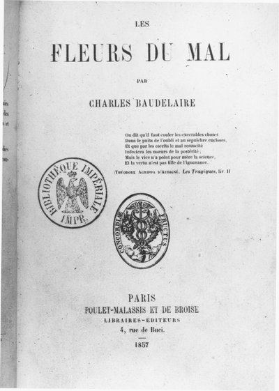 Front Cover of the First Edition of Les Fleurs du mal by Charles Baudelaire, published by Poulet-Malassis et de Broise, 1857 by French School