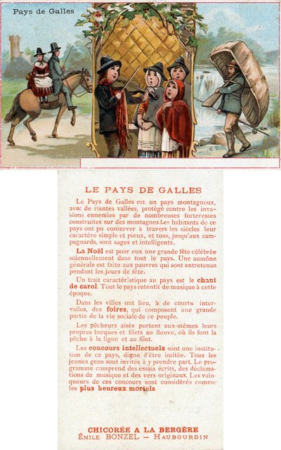 Front and reverse of a promotional card for the drink Chicorée à la Bergère with depictions of life in Wales, c.1890 by French School