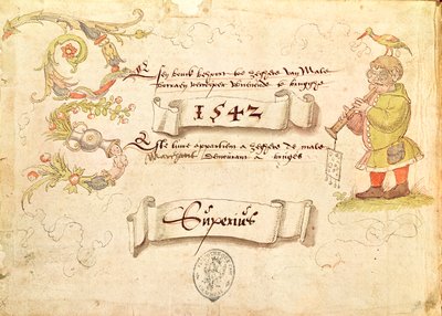 Frontispiece from Recueil de chants religieux et profanes IX depicting a bespectacled man playing a wind instrument with a bird on his head, 1542 by French School
