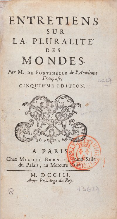 Frontispiece of Entretiens sur la Pluralite des Mondes, written by Bernard Le Bovier de Fontenelle, published in 1773 by French School