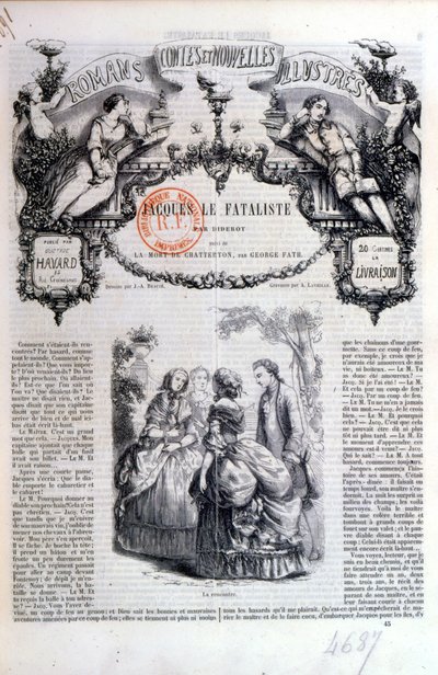 Frontispiece of a collection of novels and stories featuring Jacques le Fataliste by Diderot, published in Paris in 1849 by French School