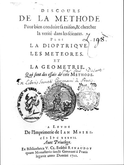 Frontispiece of the Discours de la Methode followed by La Dioptrique, Les Meteores et La Geometrie by Rene Descartes, first published in Leiden by French School