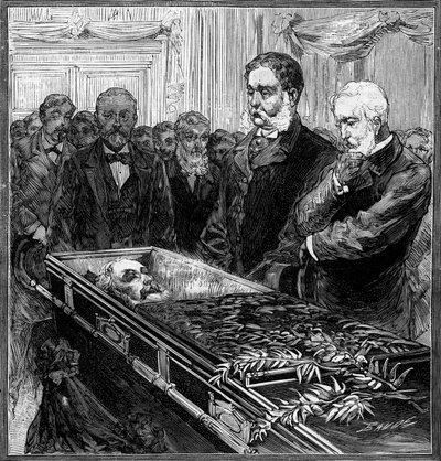 Funeral of James Abram Garfield, President of the United States: his replacement, Chester Alan Arthur and Secretary Blain in front of the coffin under the dome of the Washington Capitol. Engraving in 