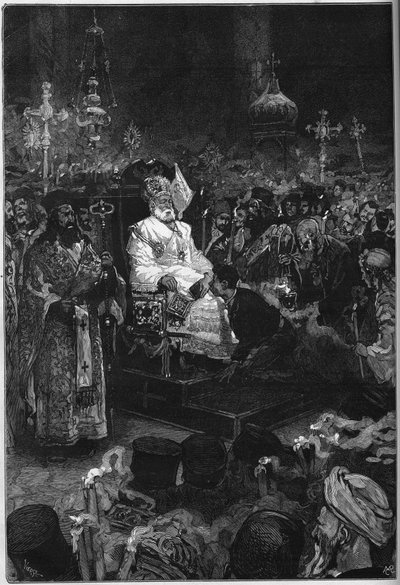 Funeral of Joachim II (1791-1878): The body of the ecumenical patriarch of Constantinople is exposed to the patriarchal church in Phanar. He is dressed in his priestly clothes and a mitre. Engraving in 