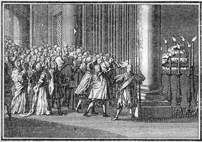 Funeral of a Pope in the 18th century: the body of the Pope exhibits three days in the Church of St. Peter in Rome. Engraving in Histoire des religions by French School