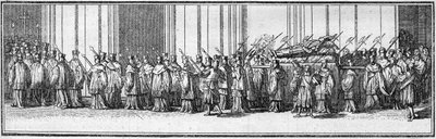 Funeral of a pope in the 18th century: the body of the pope carries to the Church of St. Peter in Rome. Engraving in Histoire des religions by French School