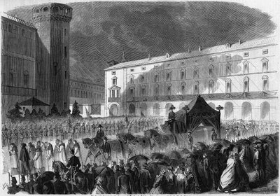 Funeral of the Count of Cavour, Turin, 7 June 1861: funeral procession carrying the coffin of Camillo Benso, Count of Cavour (1810-1861), Italian politician. Engraving in Le Monde Illustré n°219 of 22 June 1861. by French School