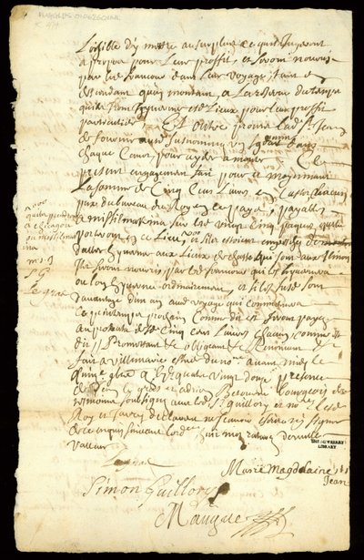 Fur Trade Contract Between Francois Francoeur and Four Voyageurs for Transport of Goods and Purchase of Beaver Pelts in Michilimackinac and Chicago by French School