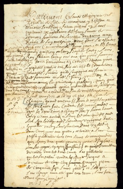 Fur Trade Contract Between Francois Francoeur and Four Voyageurs for Transport of Goods and Purchase of Beaver Pelts in Michilimackinac and Chicago by French School