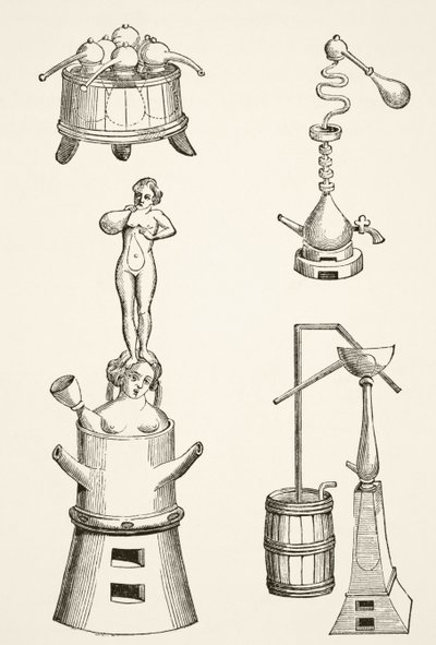 Furnace, Retorts, Stills and Distilling Apparatus Used by Chemists and Alchemists in the 16th Century, from Science and Literature in the Middle Ages by Paul Lacroix, Published London 1878 by French School