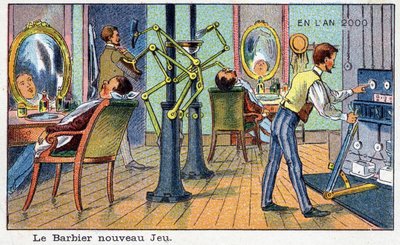 Futuredays: A Nineteenth Century Vision of the Year 2000 - Series “In the Year 2000”: The new game barber (automatic machine). Chromolithography by Villemard by French School