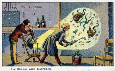 Futuredays: A Nineteenth Century Vision of the Year 2000 Series: The Hunting of Microbes (2 scientists removing enlarged microbes using a machine). Chromolithography by Villemard by French School