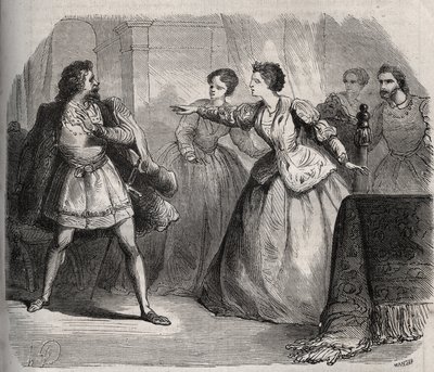 Gabrielle de Vergy Disputes Her Fiance, Eudes de Fayel, Who Is Jealous of the Friendship She Has with Her Cousin, Albert de Nozereau. Scene of a 12th Century Legend. Engraving from 1871 in 