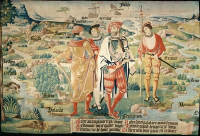 Galathes, 11th King of the Gauls with a map of Gaul behind, detail from a tapestry on the history of the Kings of the Gauls, Arras Workshop, c.1530 by French School