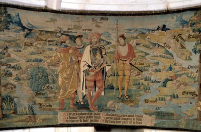 Galathes, founder of Gaul, surrounds companions against a background of landscape depicting the map of Gaul by French School
