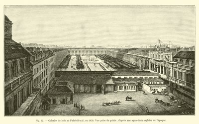 Wooden galleries at the Palais-Royal, in 1828, view taken from the palace, after an English aquatint of the time by French School