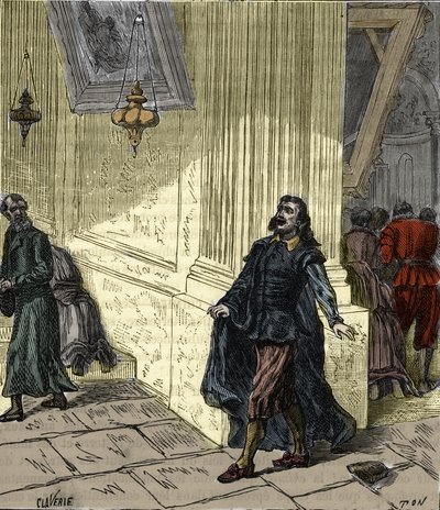 Galileo Galilei (1564-1642), Italian scientist, observing the pendulum-like swinging of a lamp in Pisa Cathedral, Italy, in 1582 - Engraving in “Sciences brought to the graces of all - Popular physics and chemistry” by Alexis Clerc - End 19th century - Pri by French School