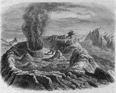 Gas eruption of Antujo volcano in Chile. Engraving by Freeman In “The Picturesque Magasin” by French School