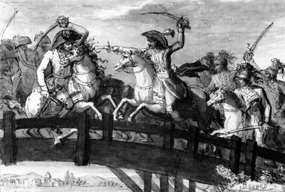 General Alexandre Dumas, the Horatius Cocles of the Tyrol, killing single-handedly three Austrian opponents on the Clausen Bridge in 1797, c.1797 by French School