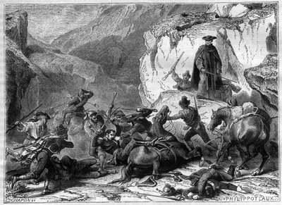 General Jean Baptiste, Baron Franceschi (Franceschi-Delonne) 1766-1813, stops during an ambush, not far from Zamora in Spain, strained by supporters of the defroque monk El Capuchino in 1809 - in History of the empire following the history of the consulat by French School