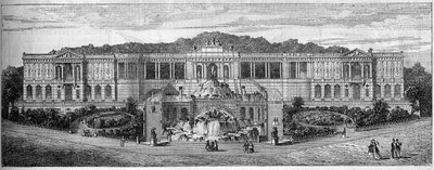 General view of the Palais de Longchamp in Marseille, as imagined by Frederic Auguste Bartholdi in 1859. Engraving in Le Monde Illustré n°681 of April 30 by French School