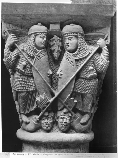 Generosity and Charity piercing two Vices, capital depicting the Fight of the Vices against the Virtues, from the church of Notre-Dame-du-Port, Clermont-Ferrand (plaster cast from stone) by French School
