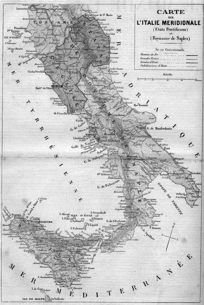 Geographic map of Southern Italy in 1860: Pontifical States and Kingdom of Naples. Engraving in 