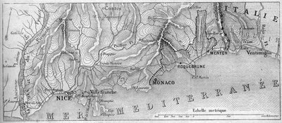 Geographic map of the Principality of Monaco, in 1861, before the city of Roquebrune and Menton joined France - engraving in 
