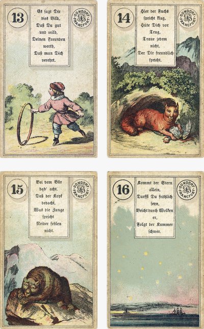 German edition of the Lenormand French cartomancy deck: The Child, The Fox, The Bear, The Star, published by Dondorf, Frankfurt, 19th Century by French School