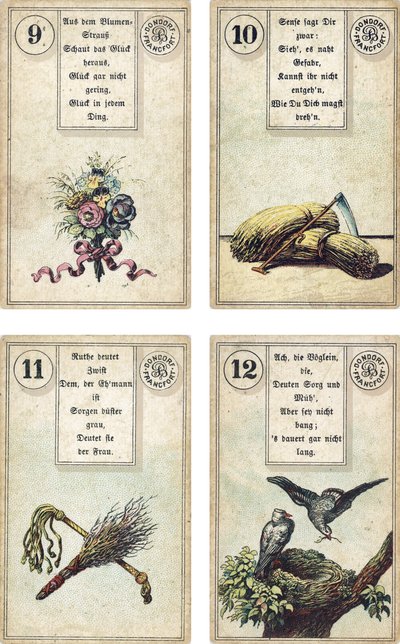 German edition of the Lenormand French cartomancy deck: The Flowers, The Scythe, The Birch-rod, The Whip, The Birds, published by Dondorf, Frankfurt, 19th Century by French School