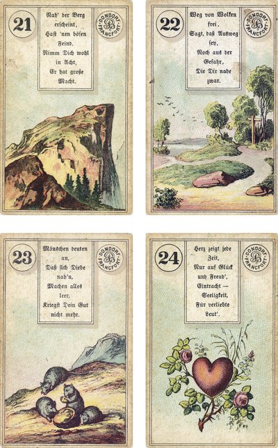 German edition of the Lenormand French cartomancy deck: The Mountain, The Road, The Mice, The Heart, published by Dondorf, Frankfurt, 19th Century by French School
