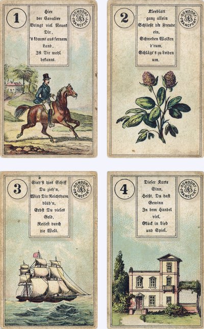 German edition of the Lenormand French cartomancy deck: The Rider, The Clover, The Ship, The House, published by Dondorf, Frankfurt, 19th Century by French School