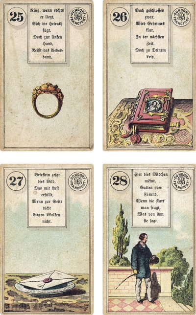German edition of the Lenormand French cartomancy deck: The Ring, The Book, The Letter, The Gentleman, published by Dondorf, Frankfurt, 19th Century by French School