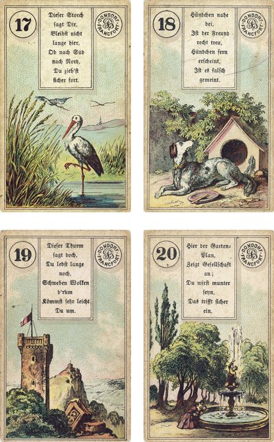 German edition of the Lenormand French cartomancy deck: The Stork, The Dog, The Tower, The Garden, published by Dondorf, Frankfurt, 19th Century by French School