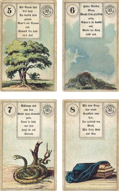 German edition of the Lenormand French cartomancy deck: The Tree, The Clouds, The Snake, The Coffin, published by Dondorf, Frankfurt, 19th Century by French School