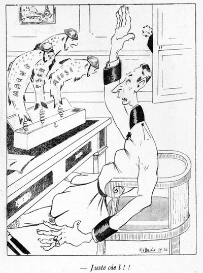 German officer receiving three April Fishes, cartoon from the April Fools Day edition of La Baionette magazine, 29 March 1917 by French School