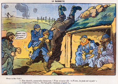 German soldier captured by French soldiers as a result of a trick, cartoon from the April Fools Day edition of La Baionette magazine, 29 March 1917 by French School