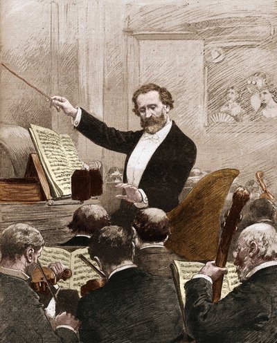 Giuseppe Verdi leading the opera orchestra to the first representation of Aida in Paris in 1880 by French School