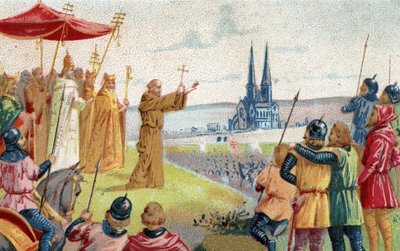 God wants it! Peter the Hermit preaching the Crusade (1095 - 1099) Chromolithography of the end of the 19th century by French School