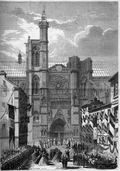 Gothic architecture: view of the Cathedrale Notre Dame de Clermont Ferrand, during the visit of Napoleon III and the Impress Eugenie de Montijo in 1862. Engraving in 