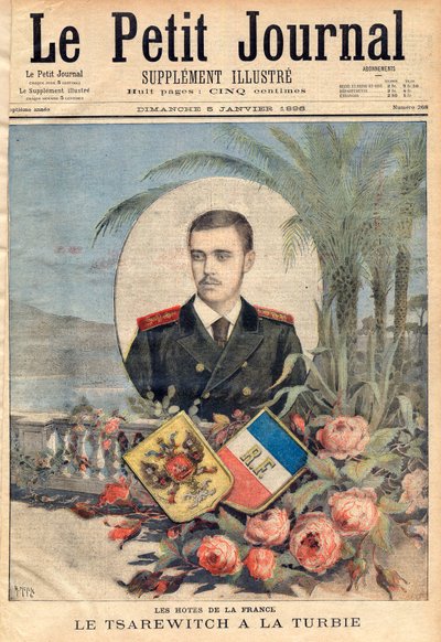 Grand Duke and Russian tsarevich George Alexandrovich, the brother of Tsar Nicholas II visiting La Turbie, France. Illustration for Le Petit Journal, 5 January 1896 by French School