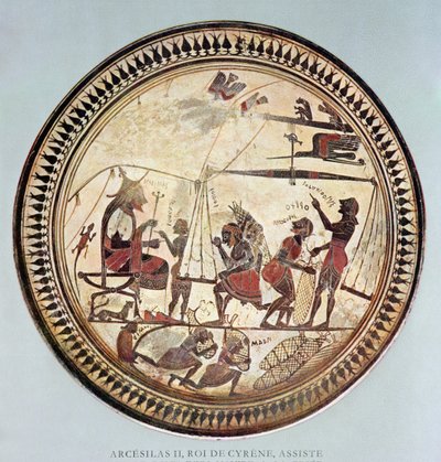 Greek cup depicting Arcesilas II, King of Cyrene watching the weighing and loading of silphium, copy of a 6th century BC original by French School