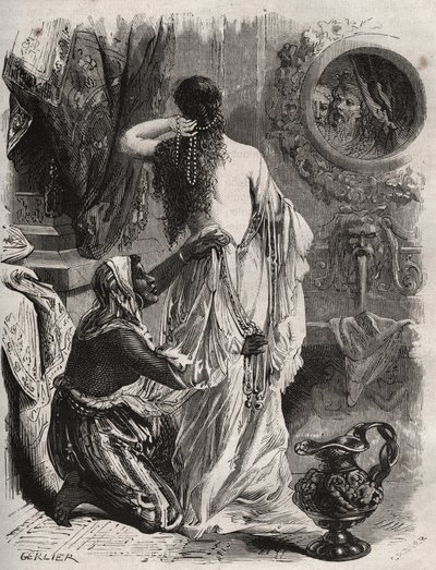 Greek mythology: the king of Lydia Candaule shows his wife naked to his confidant Gyges, hides in the shadows when she uncloses in the bedroom. Engraving from 1871 in Histoire Des Cocus Celebres by Henry de Kock (1819-1892) by French School